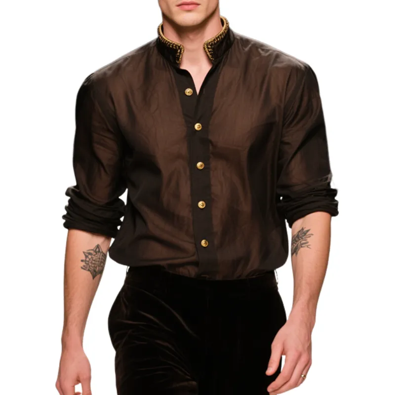 Men's Retro Casual Medieval Embroidery Metal Stand Collar Long Sleeve Shirt MTA2935E7TO sold by Manly