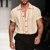 Men's Retro Casual Striped Linen Metal Lapel Short Sleeve Shirt MTA2978E8TO sold by Manly