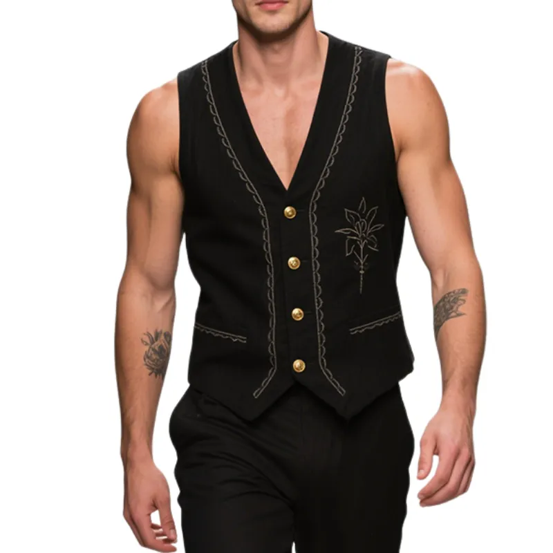 Men's Vintage Casual Cotton Embroidered Metal Single Breasted Vest MTA2919E5TO sold by Manly