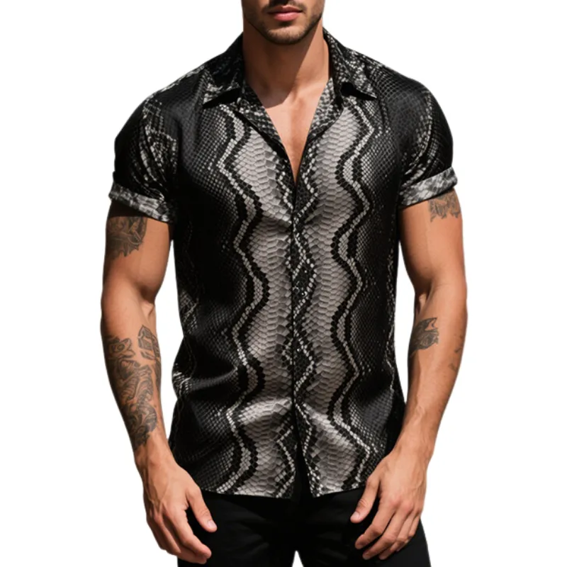 Men's Retro Casual Snakeskin Print Satin Lapel Short Sleeve Shirt MTA2985E9TO sold by Manly