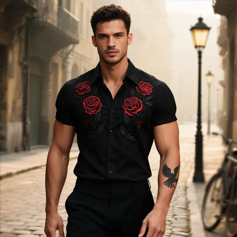Men's Retro Casual Rose Knight Embroidered Lapel Short Sleeve Shirt MTA2967E7TO sold by Manly product image thumbnail 3
