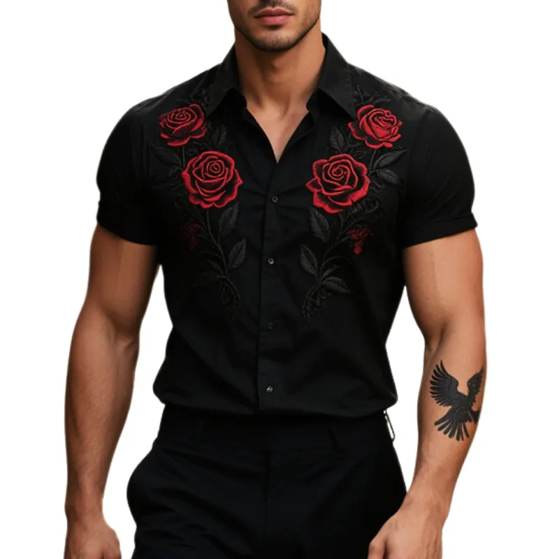 Men's Retro Casual Rose Knight Embroidered Lapel Short Sleeve Shirt MTA2967E7TO sold by Manly