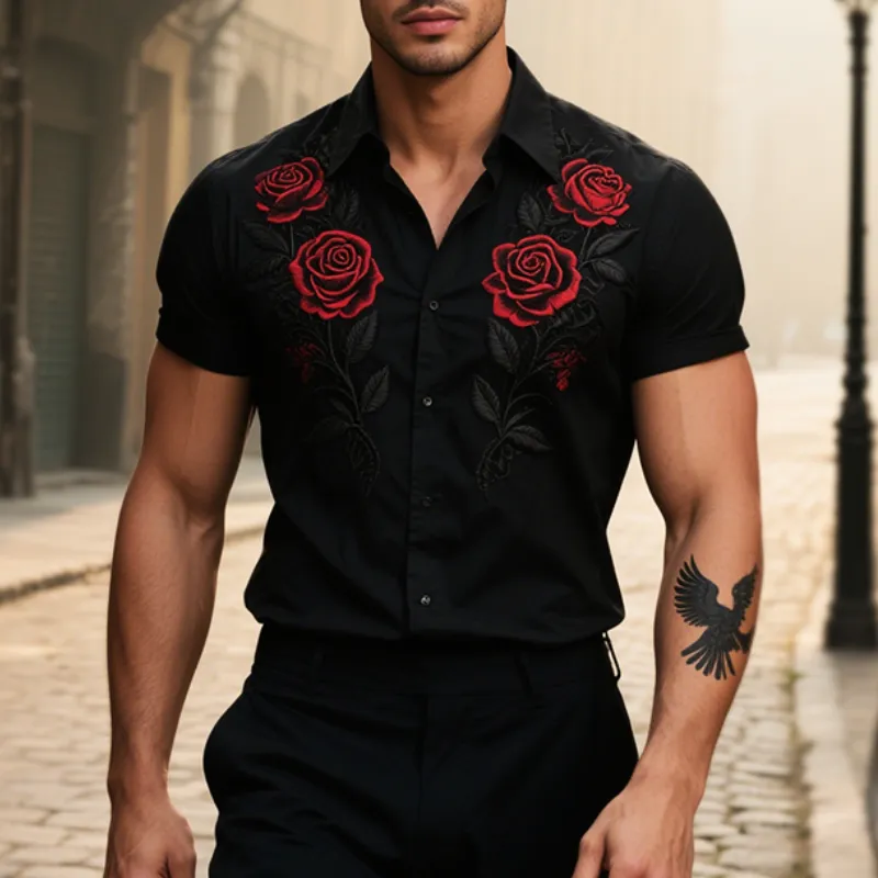 Men's Retro Casual Rose Knight Embroidered Lapel Short Sleeve Shirt MTA2967E7TO sold by Manly product image thumbnail 2
