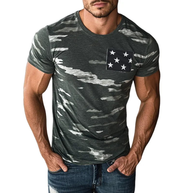 Men's Retro Casual Camouflage Printed Star Patch Round Neck Short Sleeve T-shirt MTA2714E5TO sold by Manly