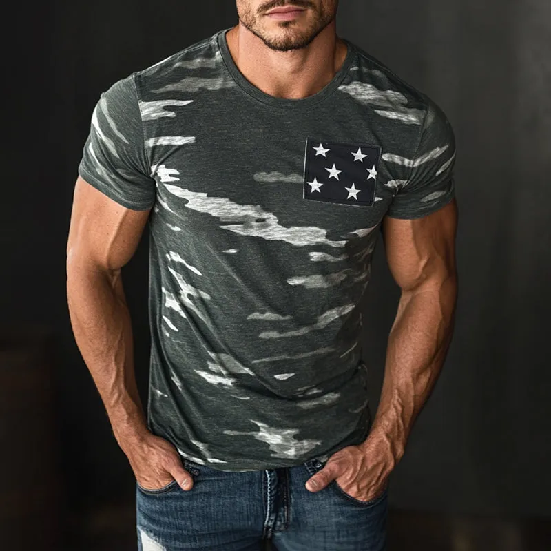 Men's Retro Casual Camouflage Printed Star Patch Round Neck Short Sleeve T-shirt MTA2714E5TO sold by Manly product image thumbnail 2