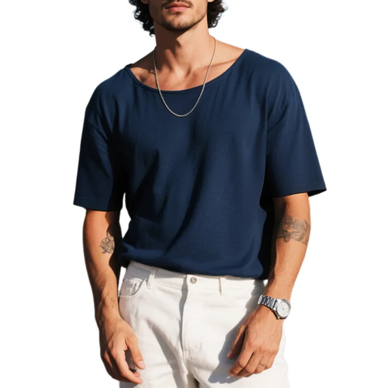 Men's Retro Casual Solid Color Lightweight Pullover Round Neck Short Sleeve T-Shirt MTA2951E3TO sold by Manly