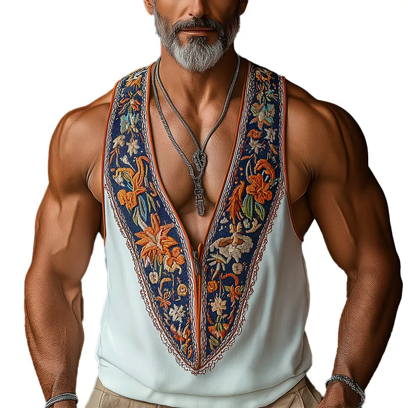 Men's Summer Ethnic Style Contrast Color Embroidery Knitted Tank Top MTA2983E2P sold by Manly