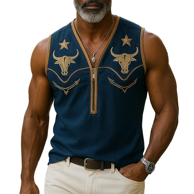 Men's Summer Western Cowboy Style Embroidered Cotton And Linen Tank Top MTA2908E0P sold by Manly
