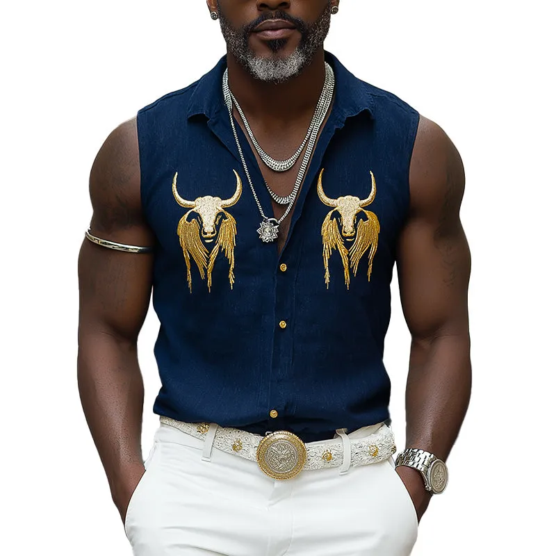 Men's Summer Western Cowboy Style Embroidered Denim Sleeveless Shirt MTA2932E4P sold by Manly