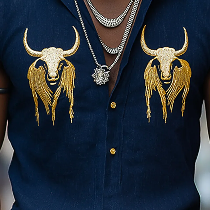 Men's Summer Western Cowboy Style Embroidered Denim Sleeveless Shirt MTA2932E4P sold by Manly product image thumbnail 3