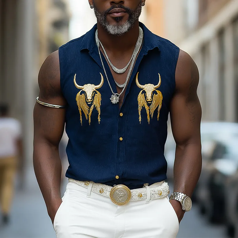 Men's Summer Western Cowboy Style Embroidered Denim Sleeveless Shirt MTA2932E4P sold by Manly product image thumbnail 2
