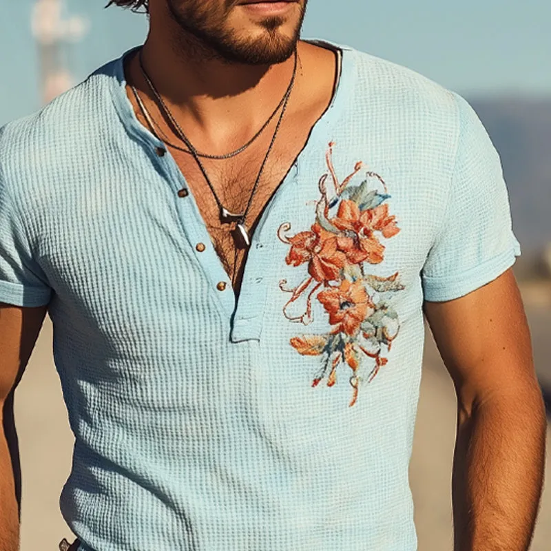 Men's Waffle Henley Neck Embroidered Short Sleeve T-Shirt MTA2926E7X sold by Manly product image thumbnail 4