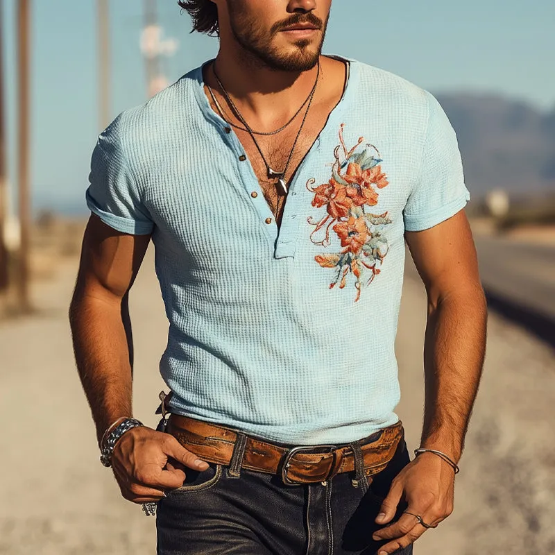 Men's Waffle Henley Neck Embroidered Short Sleeve T-Shirt MTA2926E7X sold by Manly product image thumbnail 2