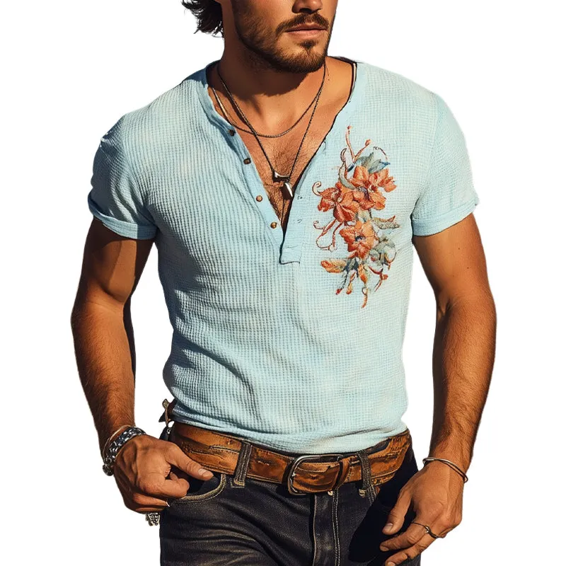 Men's Waffle Henley Neck Embroidered Short Sleeve T-Shirt MTA2926E7X sold by Manly