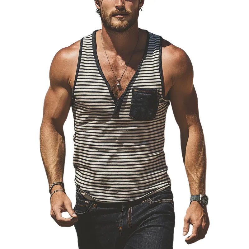 Men's Slim Fit Pocket Striped V-Neck Tank Tops MTA2923E4X sold by Manly