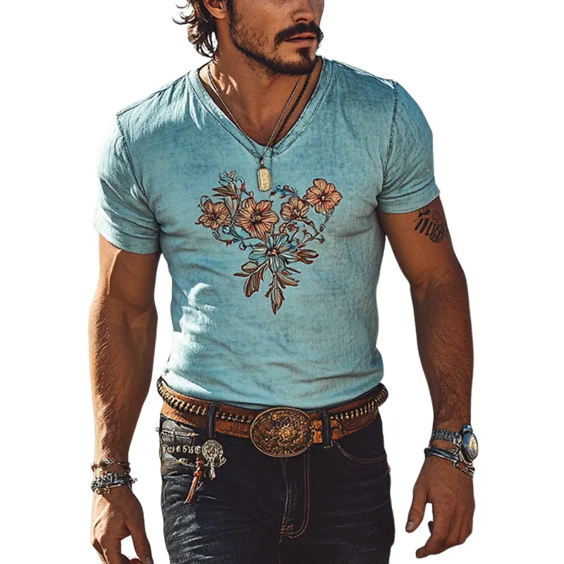 Men's Western Cowboy Floral Print Short Sleeve V-Neck T-Shirt MTA2946E0X sold by Manly