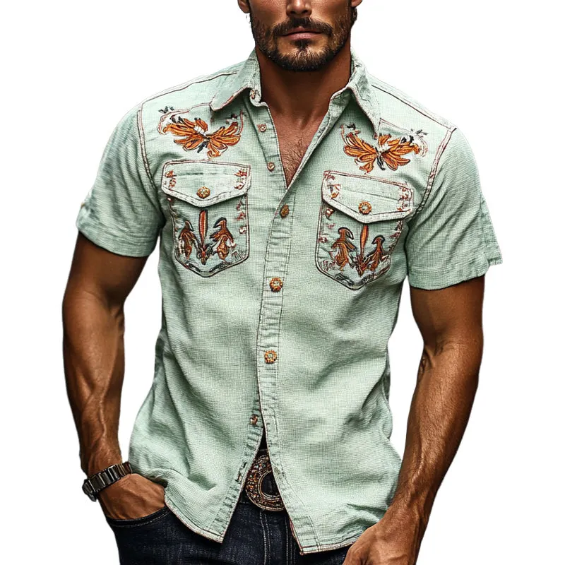 Men's Vintage Embroidered Cotton And Linen Lapel Short Sleeve Shirt MTA2926E4X sold by Manly