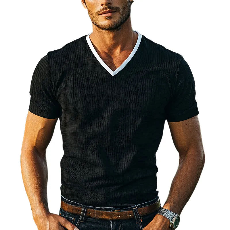 Men's Contrast Knitted V-Neck Short-Sleeved T-Shirt MTA2945E2X sold by Manly