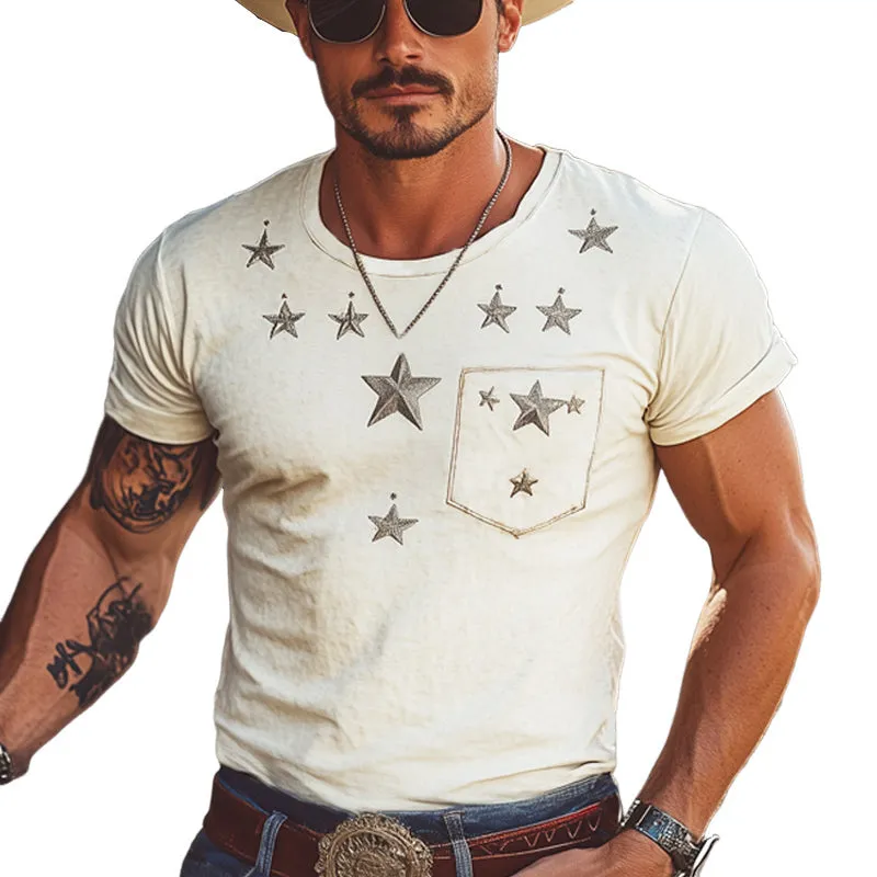 Men's Summer Comfortable Star Embroidery Round Neck Short Sleeve T-Shirt MTA2963E5U sold by Manly