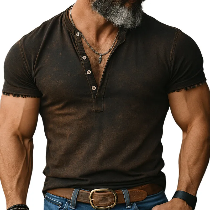 Men's Summer Slim Fit Henley Collar Printed Short Sleeve T-Shirt MTA2994E5U sold by Manly