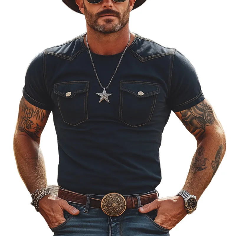 Men's Summer Slim Round Neck Double Pocket Short Sleeve T-Shirt MTA2971E3U sold by Manly