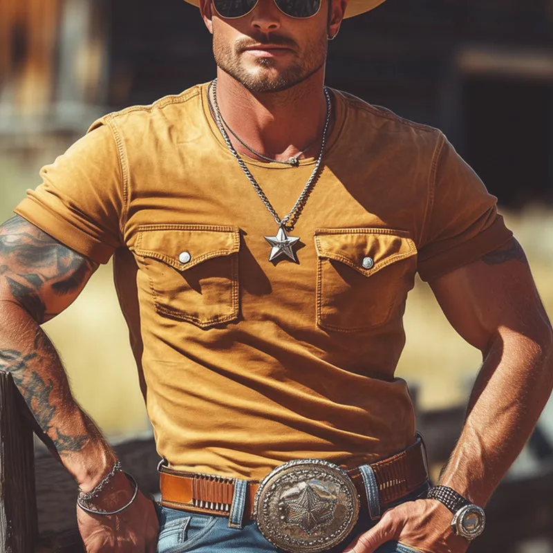 Men's Summer Western Cowboy Style Round Neck Double Pocket T-Shirt MTA2975E2U sold by Manly product image thumbnail 2