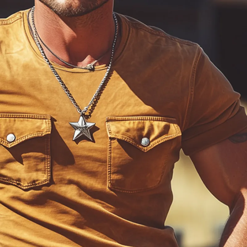 Men's Summer Western Cowboy Style Round Neck Double Pocket T-Shirt MTA2975E2U sold by Manly product image thumbnail 4