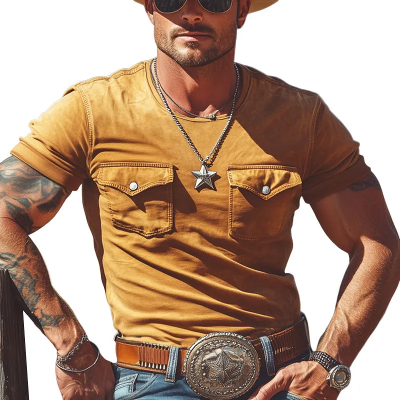 Men's Summer Western Cowboy Style Round Neck Double Pocket T-Shirt MTA2975E2U sold by Manly