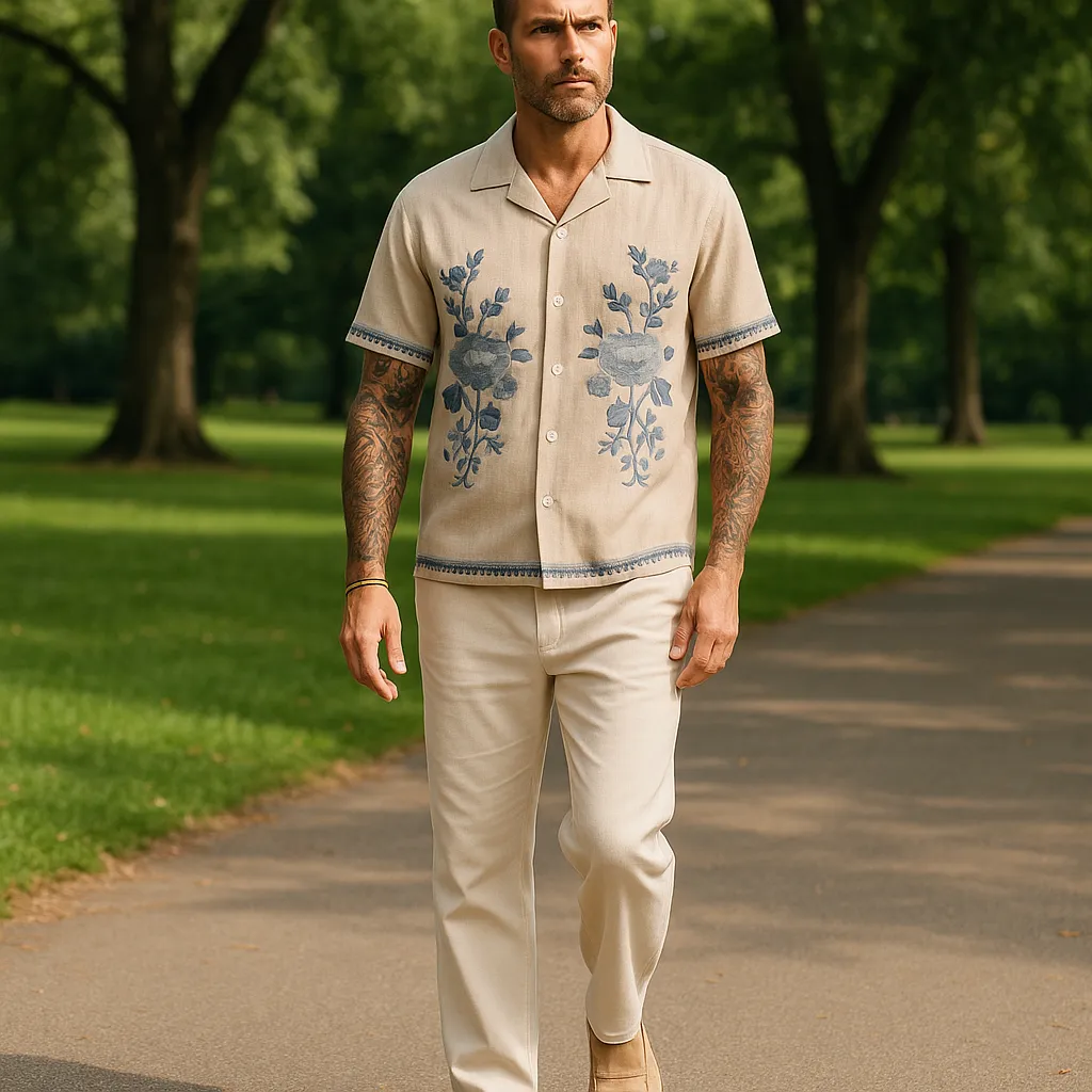 Men's Summer Casual Linen Embroidered Short Sleeve Shirt MTA2831E8P sold by Manly product image thumbnail 5