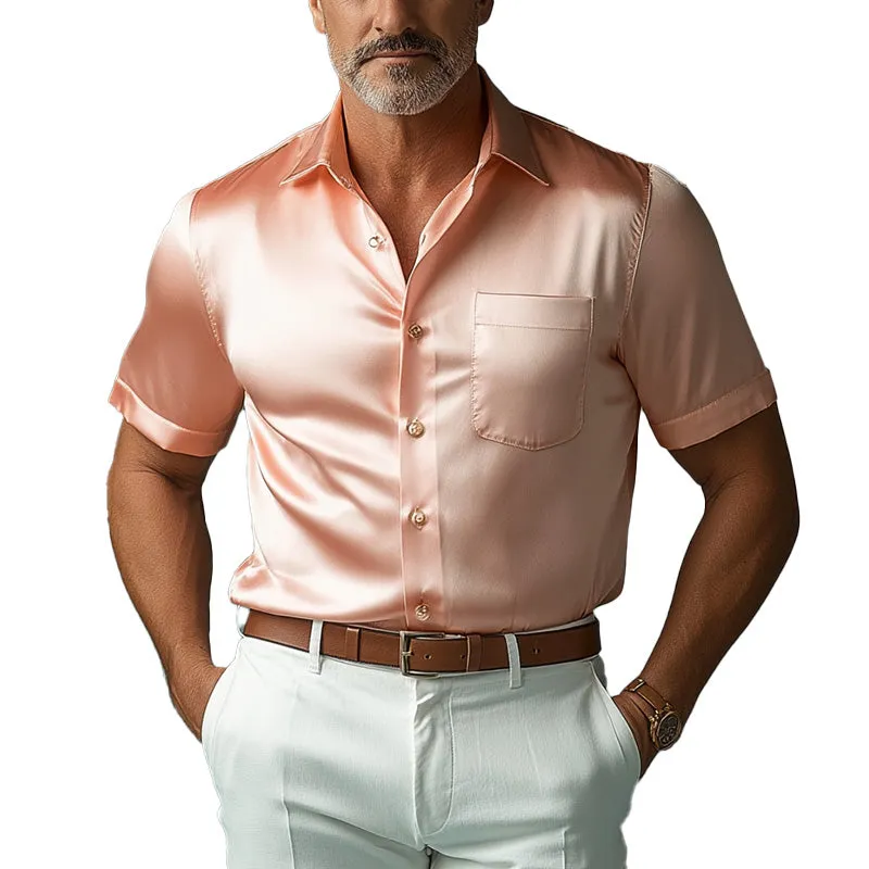 Men's Summer Simple Solid Color Satin Short-Sleeved Shirt MTA2854E7P sold by Manly