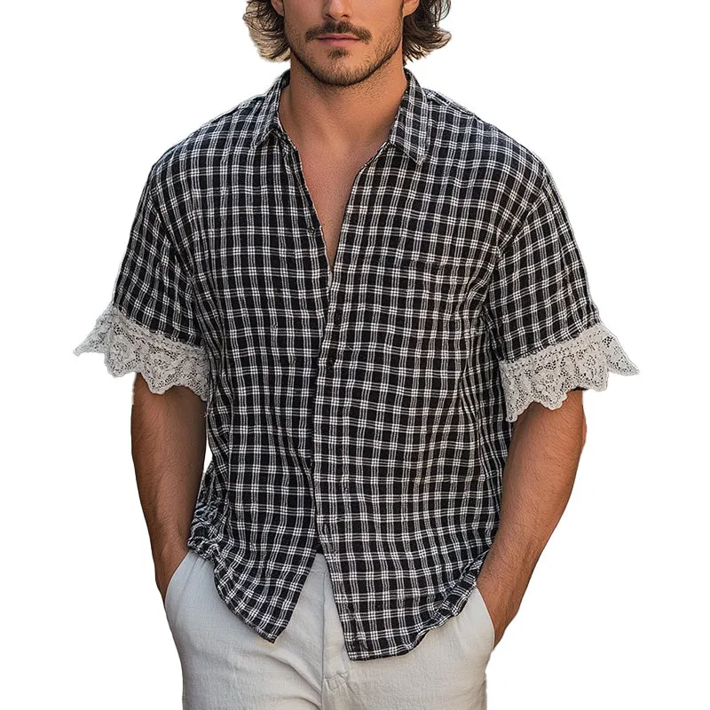 Men's Summer Fashion Lace Patchwork Plaid Short Sleeve Shirt MTA2888E3P sold by Manly