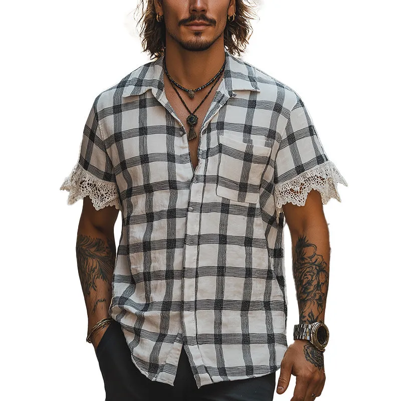 Men's Summer Fashion Lace Patchwork Linen Short Sleeve Shirt MTA2824E0P sold by Manly