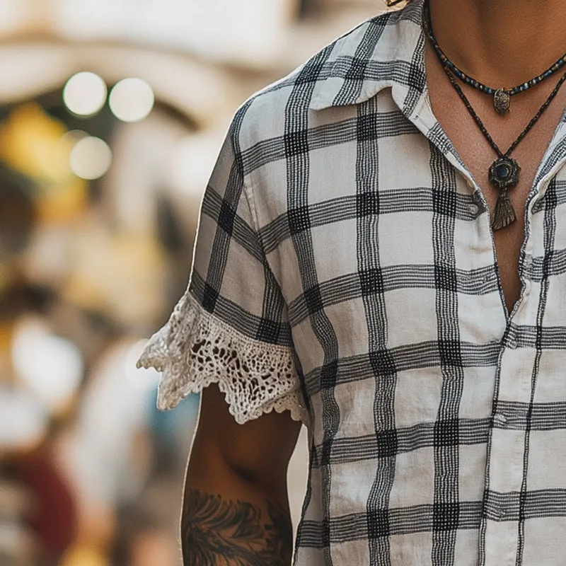 Men's Summer Fashion Lace Patchwork Linen Short Sleeve Shirt MTA2824E0P sold by Manly product image thumbnail 3