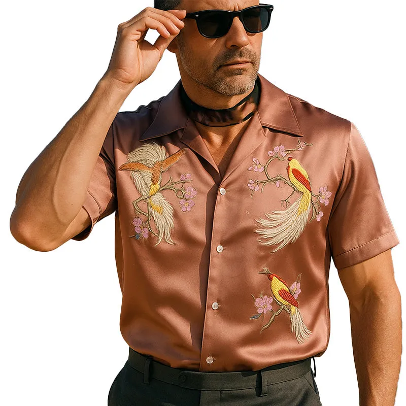 Men's Summer Fashion Satin Flower And Bird Embroidery Short Sleeve Shirt MTA2833E8P sold by Manly