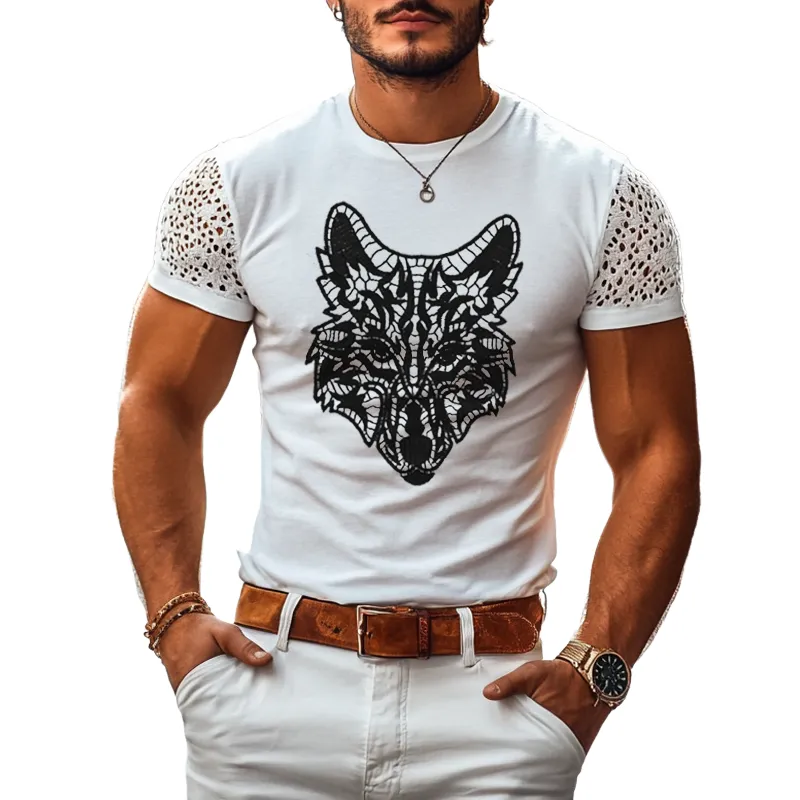 Men's Lace Beast Head Patch Round Neck Short Sleeve T-shirt MTA2822E9Z sold by Manly