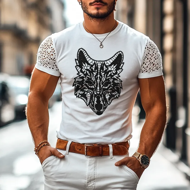 Men's Lace Beast Head Patch Round Neck Short Sleeve T-shirt MTA2822E9Z sold by Manly product image thumbnail 2