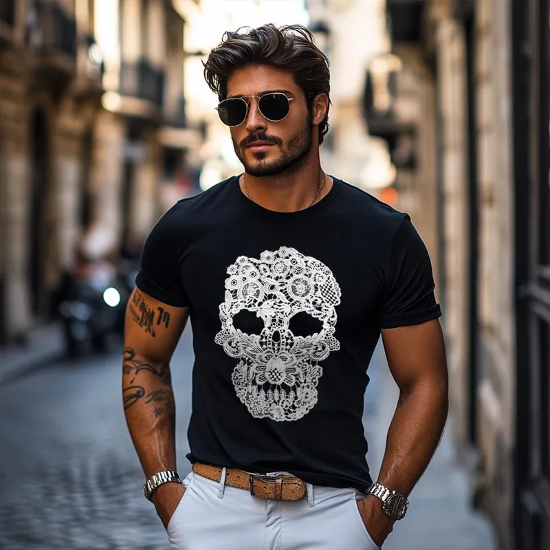 Men's Lace Skull Patch Round Neck Short Sleeve T-shirt MTA2877E1Z sold by Manly product image thumbnail 4