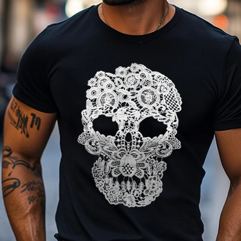 Men's Lace Skull Patch Round Neck Short Sleeve T-shirt MTA2877E1Z sold by Manly product image thumbnail 3