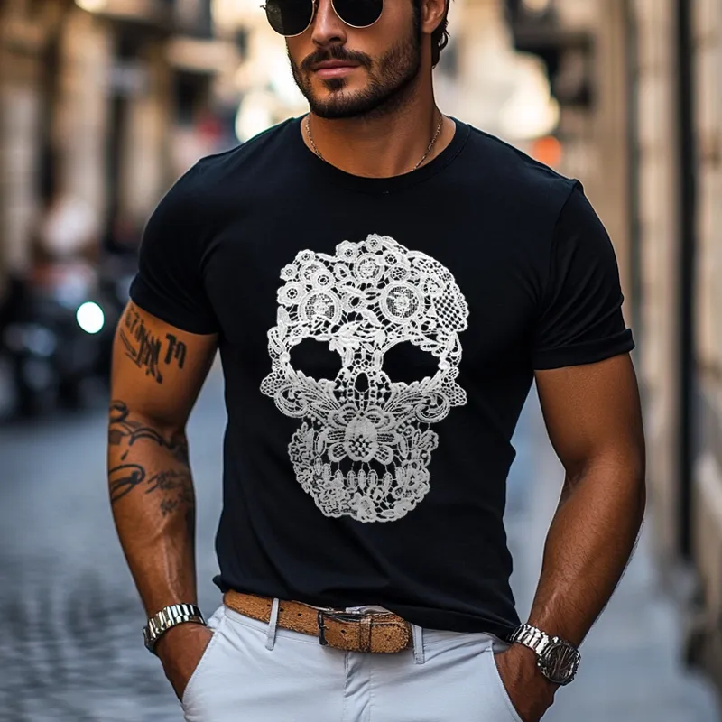 Men's Lace Skull Patch Round Neck Short Sleeve T-shirt MTA2877E1Z sold by Manly product image thumbnail 2
