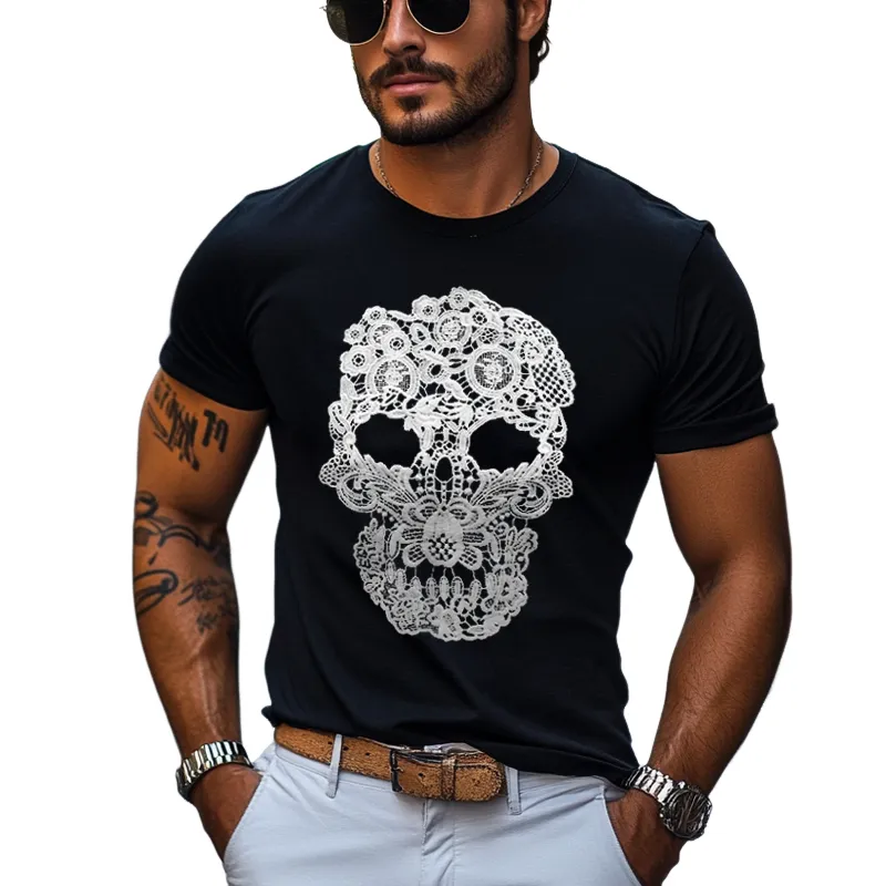 Men's Lace Skull Patch Round Neck Short Sleeve T-shirt MTA2877E1Z sold by Manly