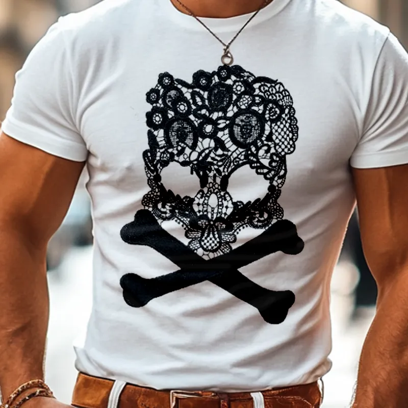 Men's Lace Skull Patch Round Neck Short Sleeve T-shirt MTA2895E0Z sold by Manly product image thumbnail 3