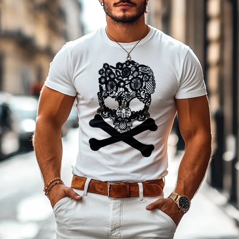 Men's Lace Skull Patch Round Neck Short Sleeve T-shirt MTA2895E0Z sold by Manly product image thumbnail 2