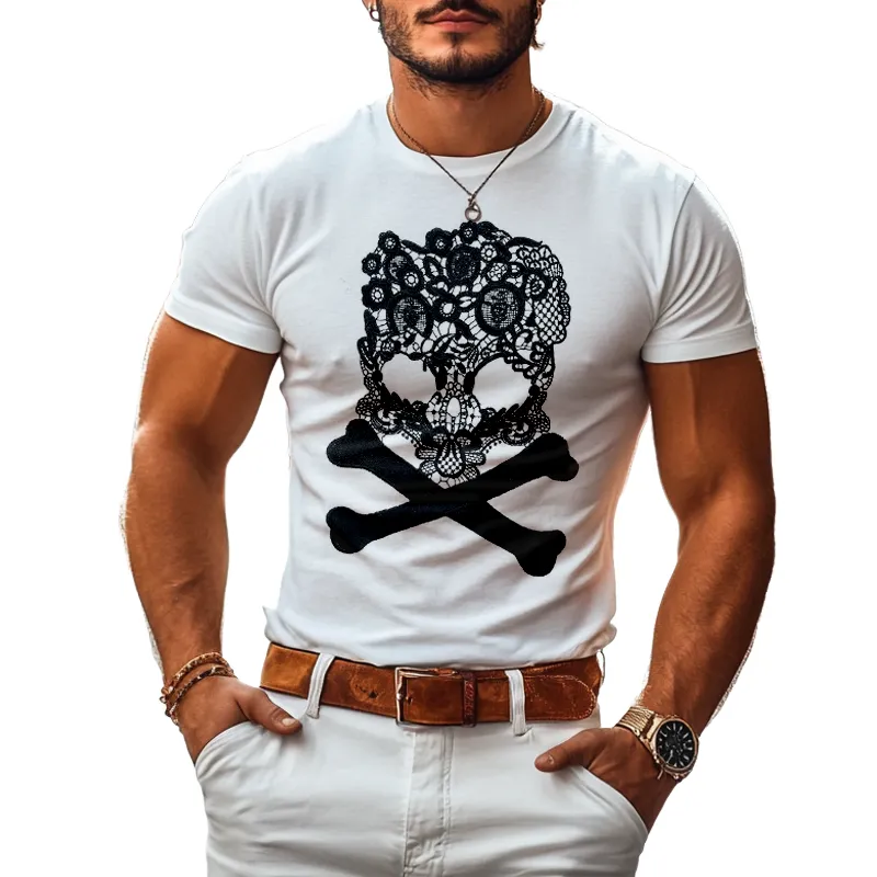 Men's Lace Skull Patch Round Neck Short Sleeve T-shirt MTA2895E0Z sold by Manly