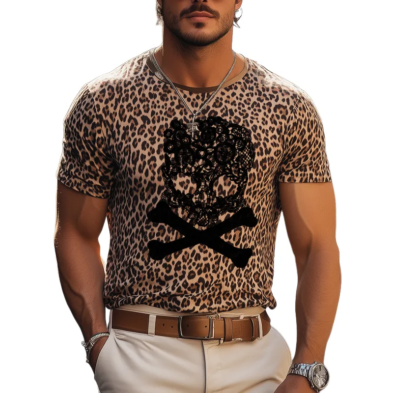 Men's Lace Skull Patch Leopard Round Neck Short Sleeve T-shirt MTA2894E9Z sold by Manly