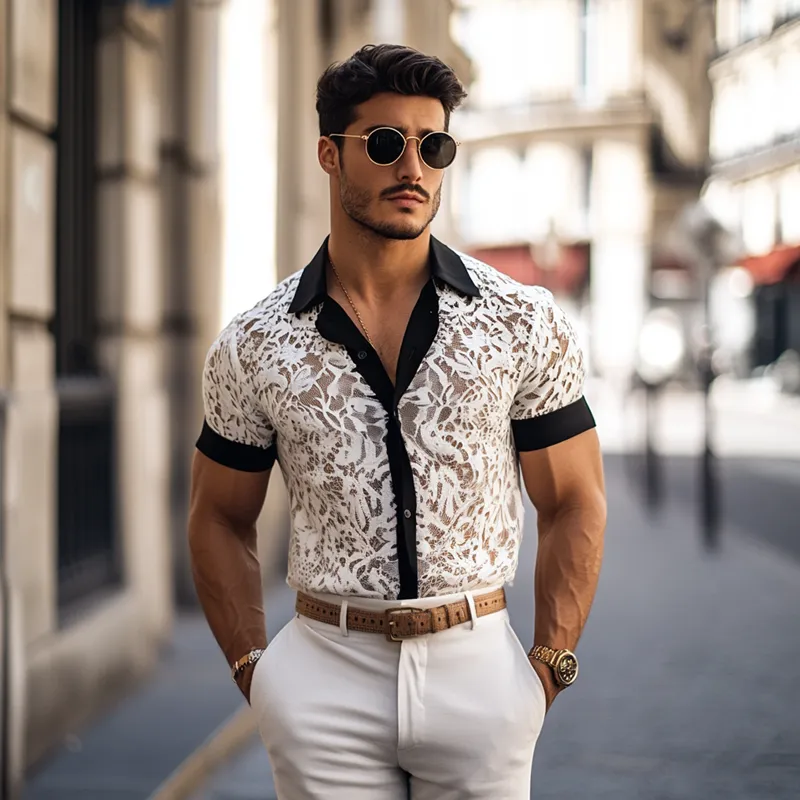 Men's Fashion Lace Colorblock Lapel Short Sleeve Casual Shirt MTA2893E9Z sold by Manly product image thumbnail 4