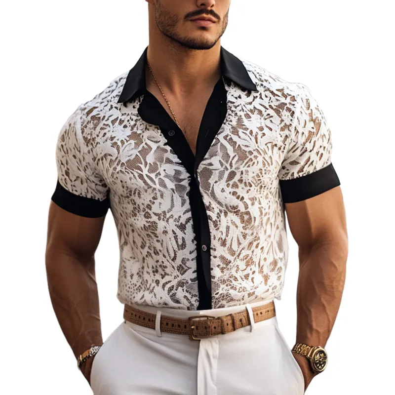 Men's Fashion Lace Colorblock Lapel Short Sleeve Casual Shirt MTA2893E9Z sold by Manly