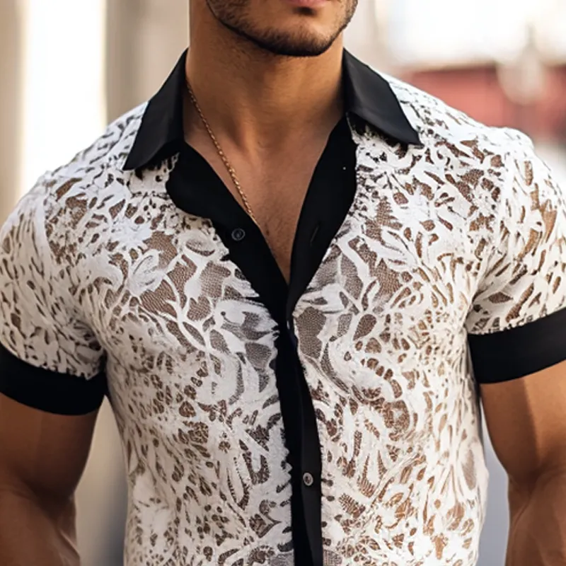 Men's Fashion Lace Colorblock Lapel Short Sleeve Casual Shirt MTA2893E9Z sold by Manly product image thumbnail 3