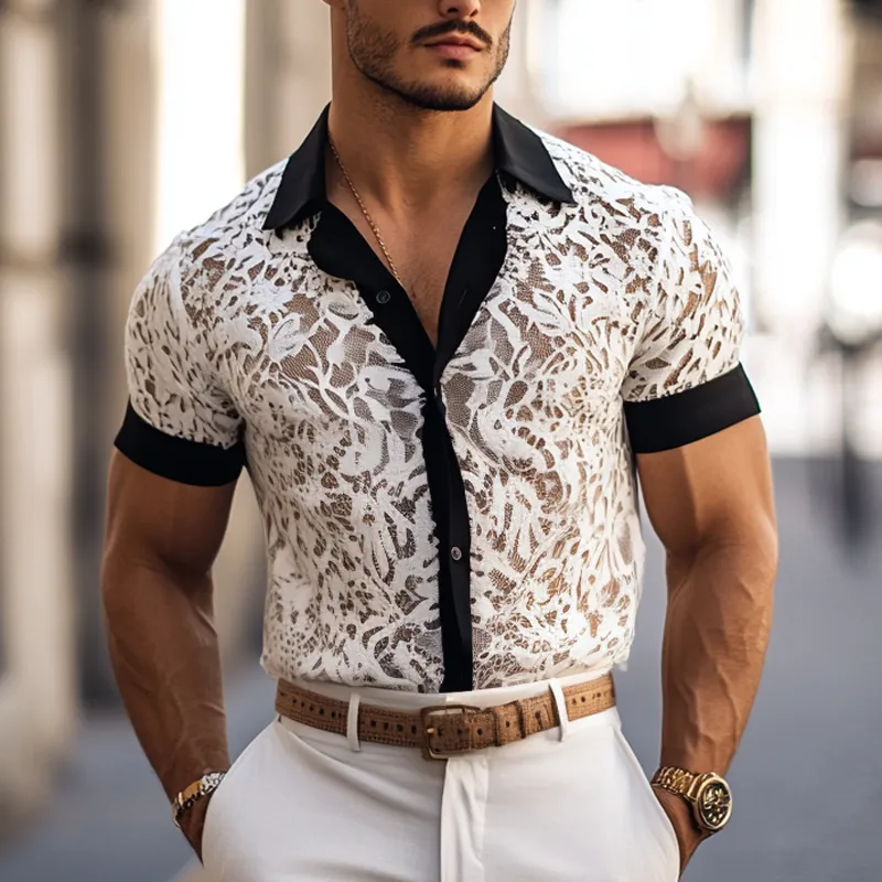 Men's Fashion Lace Colorblock Lapel Short Sleeve Casual Shirt MTA2893E9Z sold by Manly product image thumbnail 2
