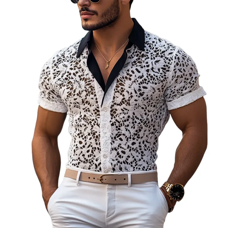 Men's Fashion Lace Colorblock Lapel Short Sleeve Casual Shirt MTA2843E6Z sold by Manly