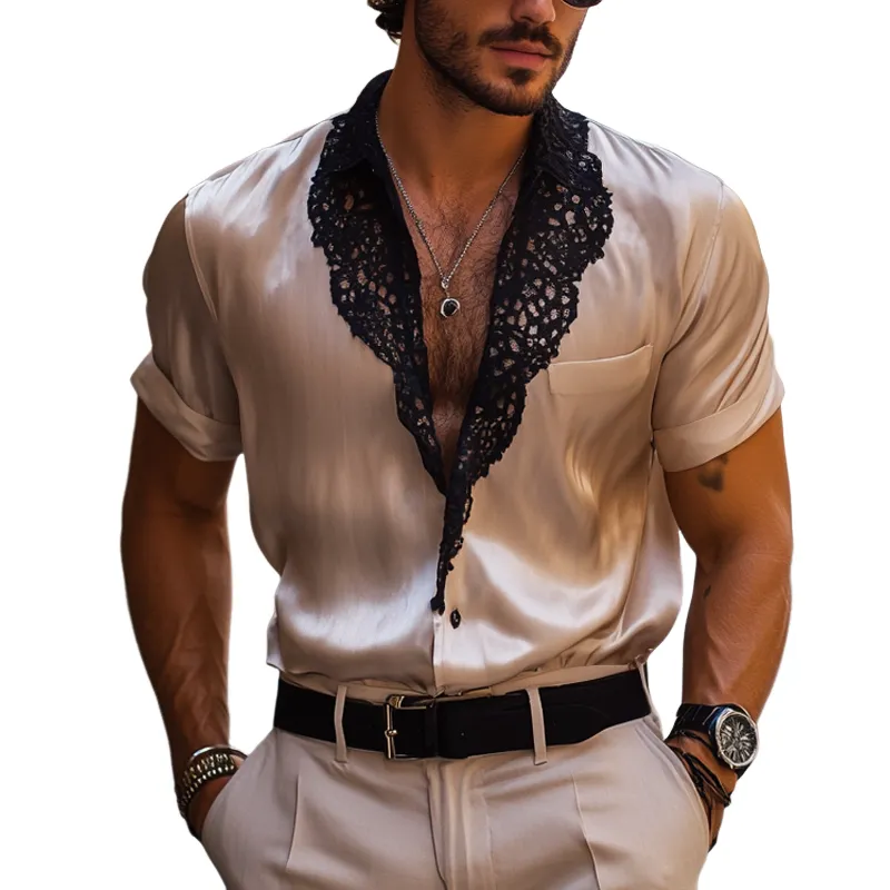 Men's Fashion Lace Lapel Short Sleeve Casual Satin Shirt MTA2884E9Z sold by Manly